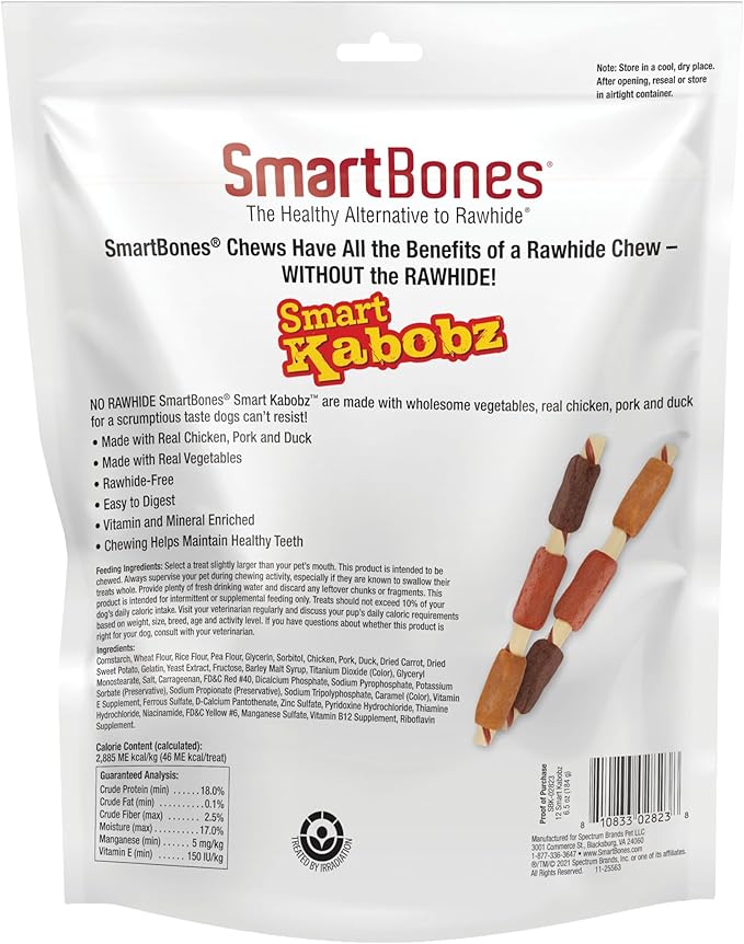 SmartBones Smart Kabobz, Treat Your Dog to a Rawhide-Free Chew Made With Real Chicken, Beef and Pork, 12 Count (Pack of 1)