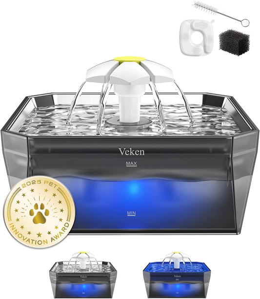 Veken Award-Winning Small Pet-Friendly Cat Water Fountain with Stainless Steel Lid & Quiet Pump, Easy to Clean & Assemble, 50oz Mini Pet Water Dispenser for Cats, Dogs and Small Animals, Silver