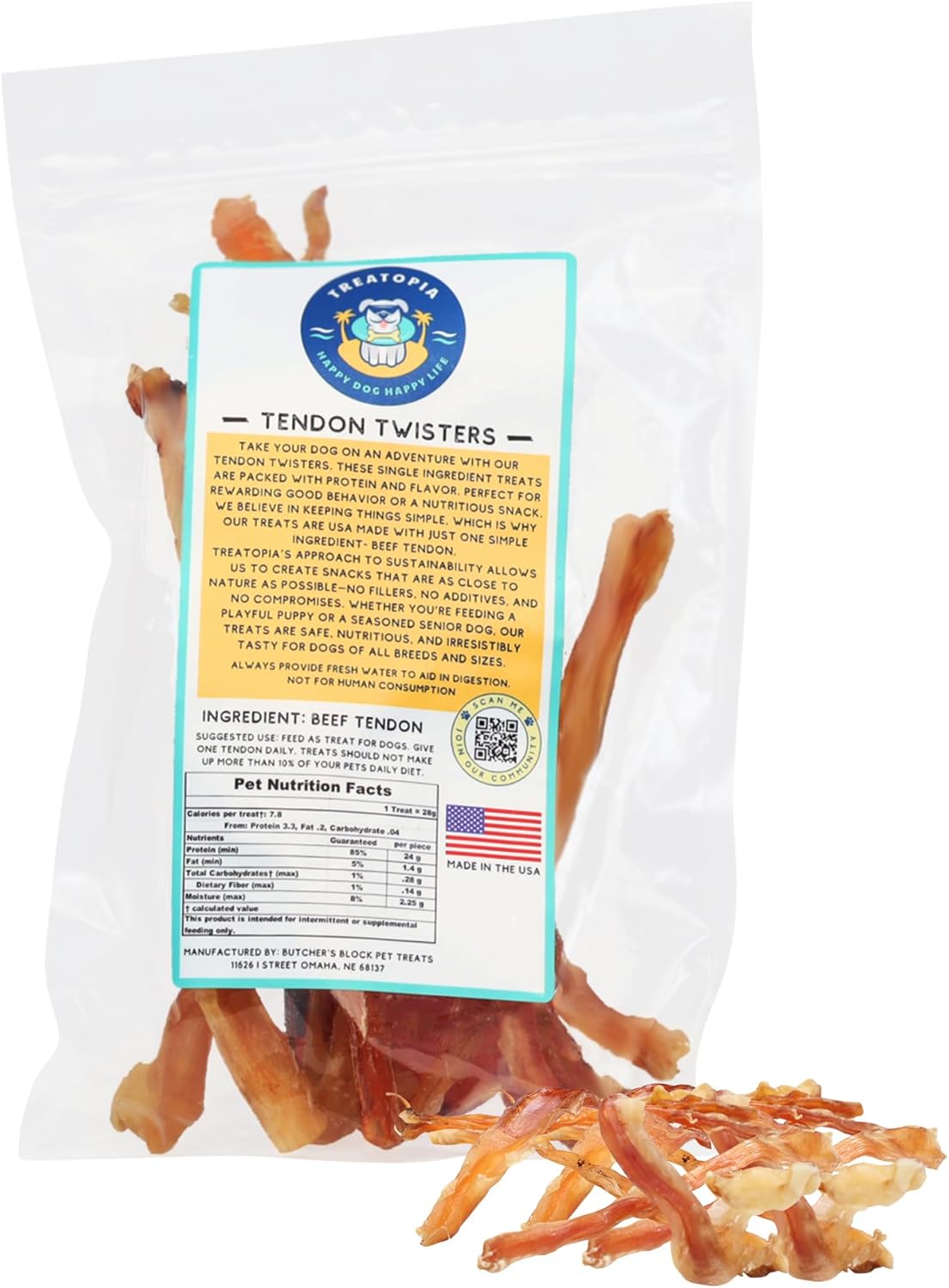 Mixed Beef Tendon Twisters Dog Treats, 8 Ounce Bag - All-Natural, Sustainable, Healthy, High Protein, Hand-Trimmed, Slow-Roasted, Made in The USA, Nutritious, No Additives, No Fillers