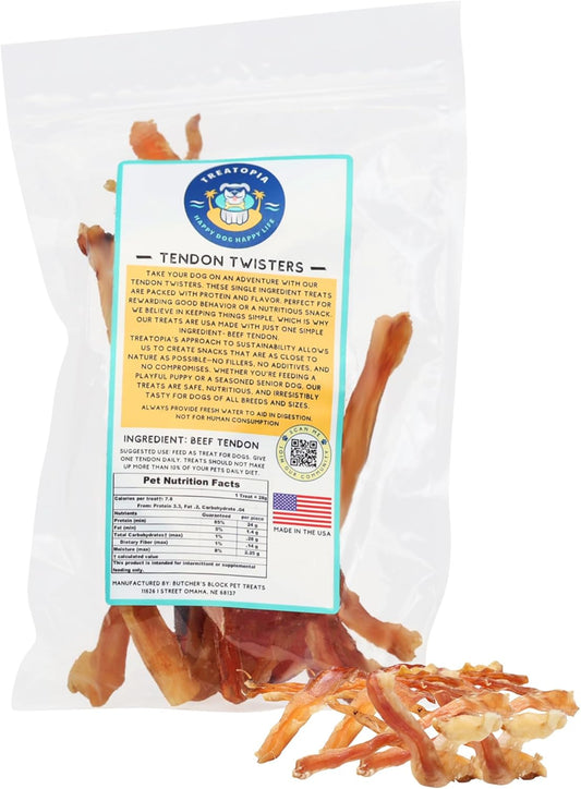 Mixed Beef Tendon Twisters Dog Treats, 8 Ounce Bag - All-Natural, Sustainable, Healthy, High Protein, Hand-Trimmed, Slow-Roasted, Made in The USA, Nutritious, No Additives, No Fillers