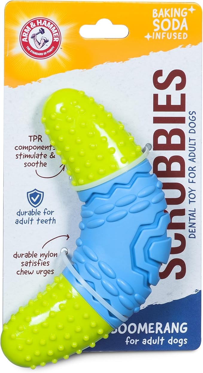 Arm & Hammer for Pets Scrubbies Boomerang Chew Toy for Adult Dogs Infused with Baking Soda - Durable Teething Toy with Unique Shape for Fetch & Chew - Interactive Dental Chew Toy for Dogs