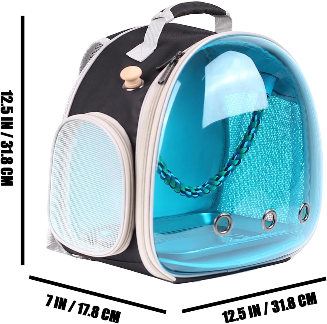 halinfer Polarized Tinted Blue Bubble Small Bird Carrier Travel Cage, Portable Bird Carry Backpack with Stainless Steel Tray and Standing Perch for Parakeet Cockatiel Budgies