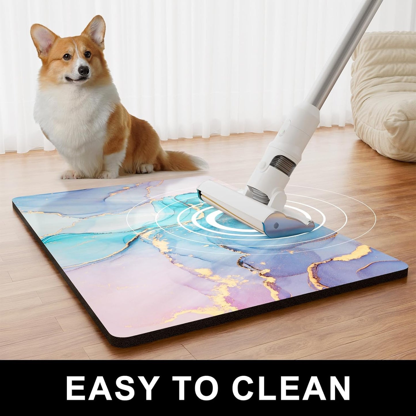 Dog Food Mat, 12" x 19" Marble Absorbent Dog Cat Bowl Mat for Food and Water, Cute Anti-Slip Rubber Pet Feeding Rug Protect Floors, Placemat for Feeding & Watering Supplies, Blue