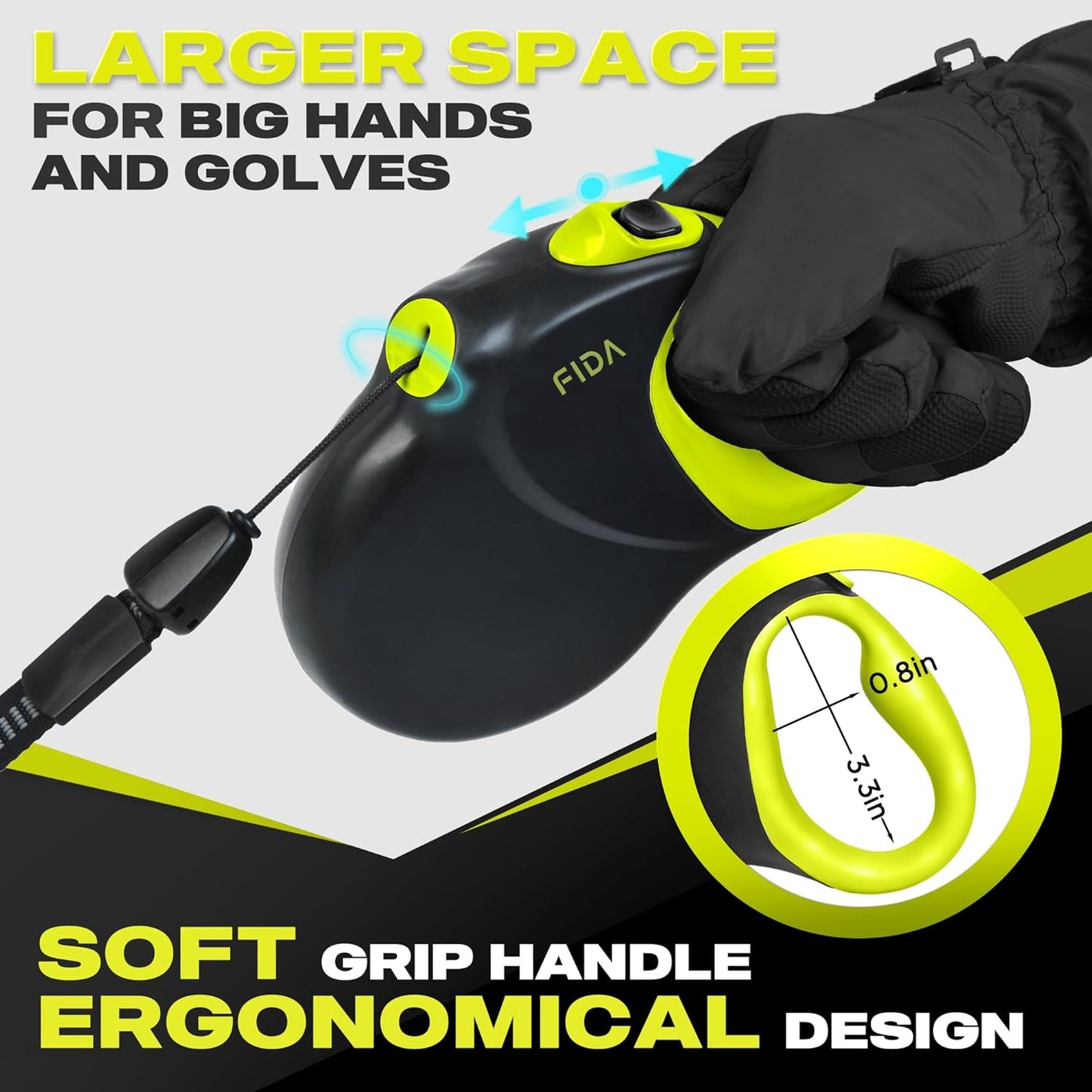 Fida 30ft Upgraded Retractable Dog Leash, Heavy Duty Pet Walking Leash for Medium/Large Breed up to 110 lbs, 360° Tangle-Free Long Retract Dog Lead, Soft Grip, One-Hand Brake, Neon Yellow