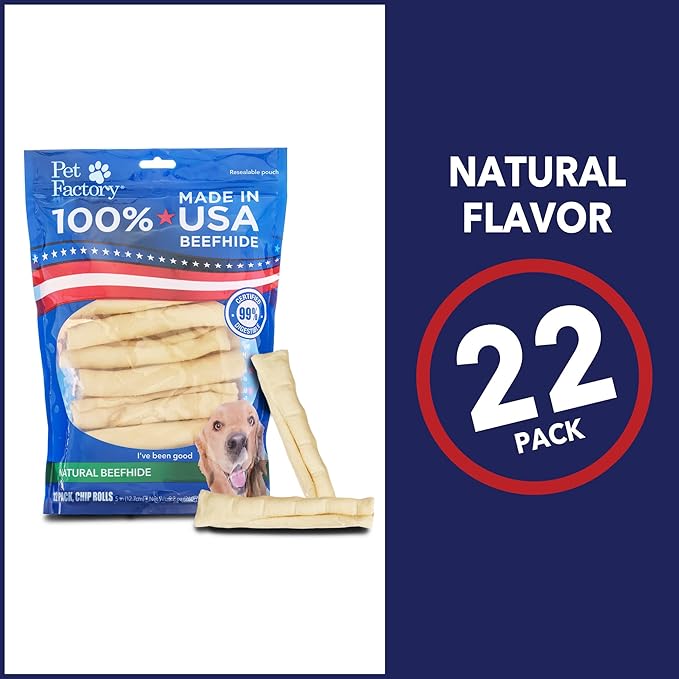 Pet Factory 100% Made in USA Beefhide 5" Chip Rolls Dog Chew Treats - Natural Flavor, 22 Count/1 Pack