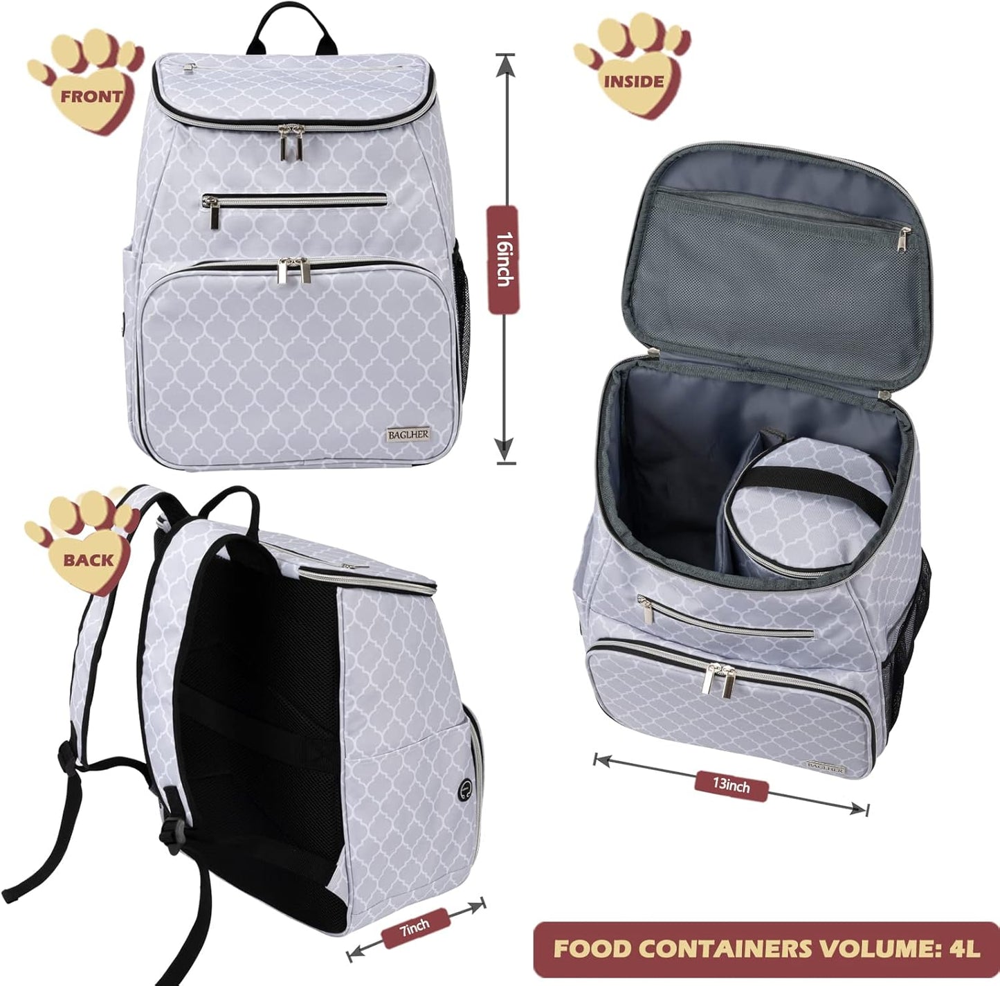 BAGLHER Dog Travel Bag Backpack, Airline Approved Pet Supplies Backpack, Dog Travel Backpack with 2 Silicone Collapsible Bowls and 2 Food Baskets DLWhite