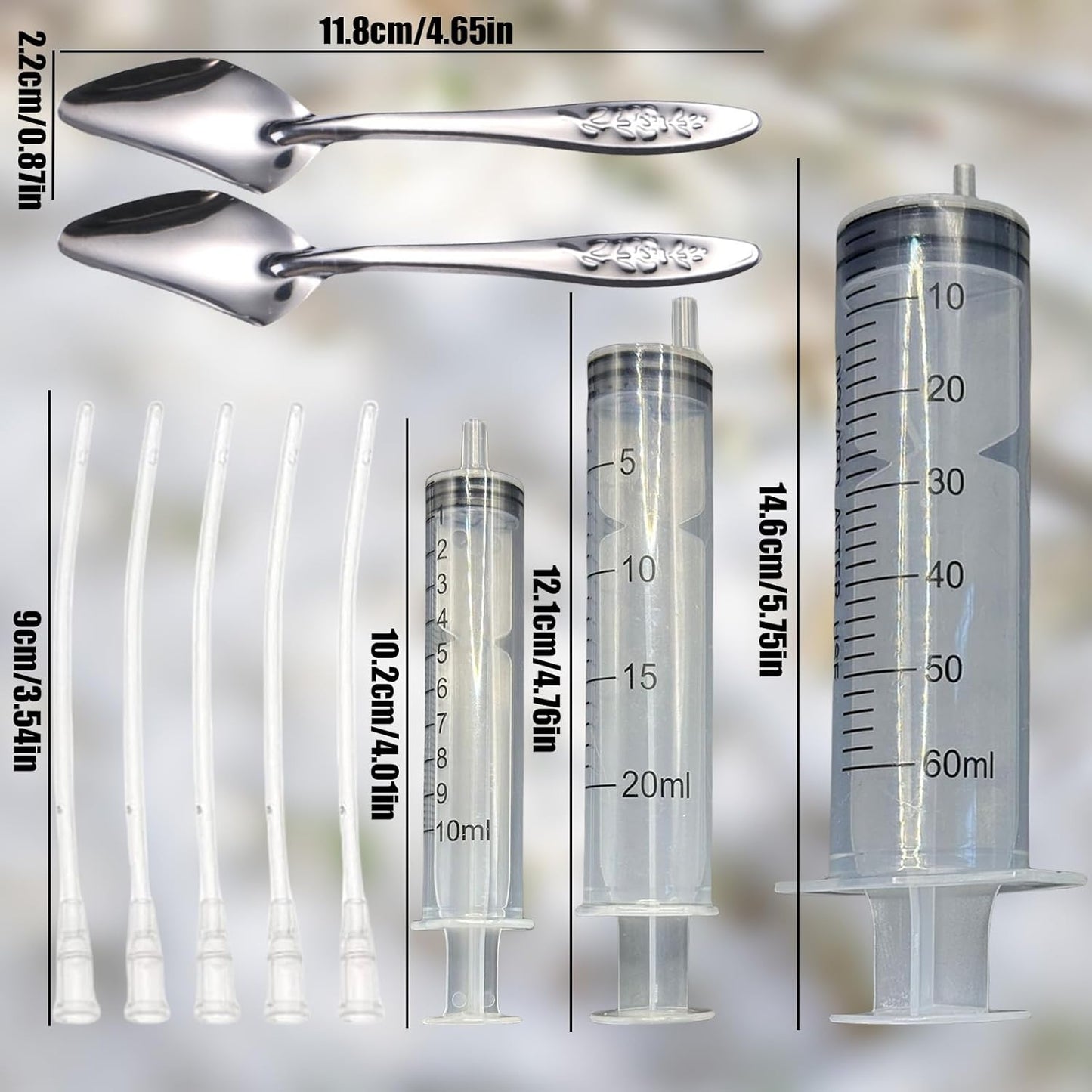 Baby Bird Feeding Syringe Set, Pet Parrot Milk Feeding Syringe with Tubes, Parrot Feeding Tubes Measuring Tools for Feeding Pets Scientific Industrial Labs… (10ml+20ml+60ml +2 spoons)