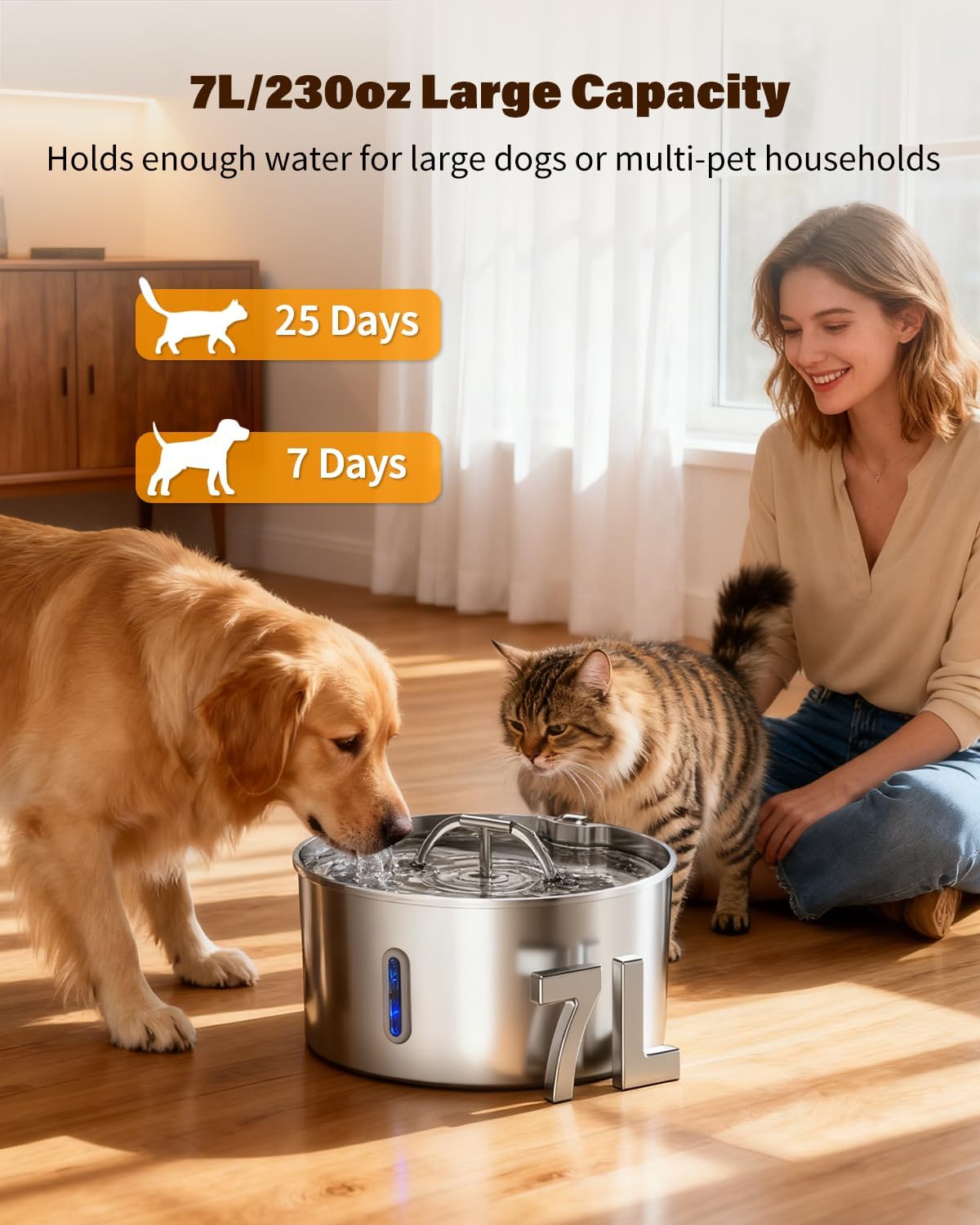 Dog Water Fountain for Large Dogs, 7L/236oz Stainless Steel Dog Water Bowl Dispenser, Automatic Pet Fountain with Ultra Quiet Pump, Large Drinking Area