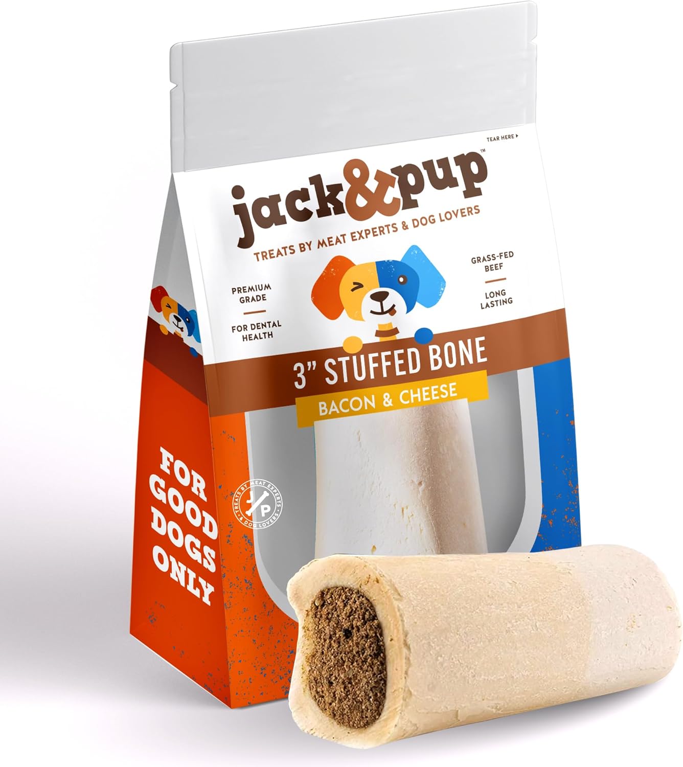 Jack&Pup 3-4" Filled Dog Bones for Small and Large Dogs, Flavored Dog Bones Long Lasting, Stuffed Shin Bone for Dogs, High Protein, Bacon and Cheese Flavor - 1 Pack