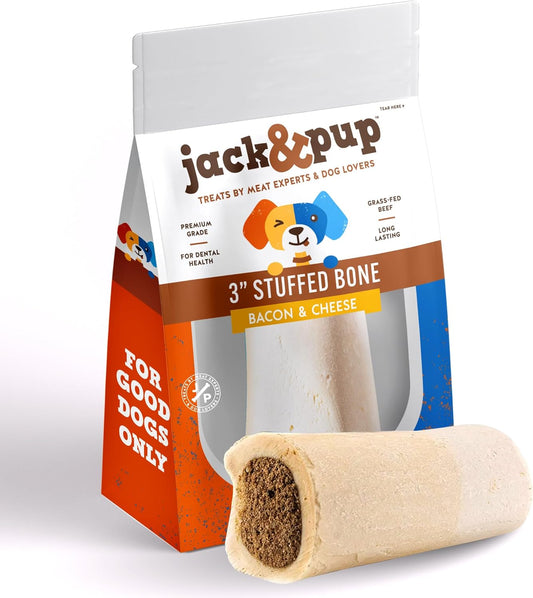 Jack&Pup 3-4" Filled Dog Bones for Small and Large Dogs, Flavored Dog Bones Long Lasting, Stuffed Shin Bone for Dogs, High Protein, Bacon and Cheese Flavor - 1 Pack