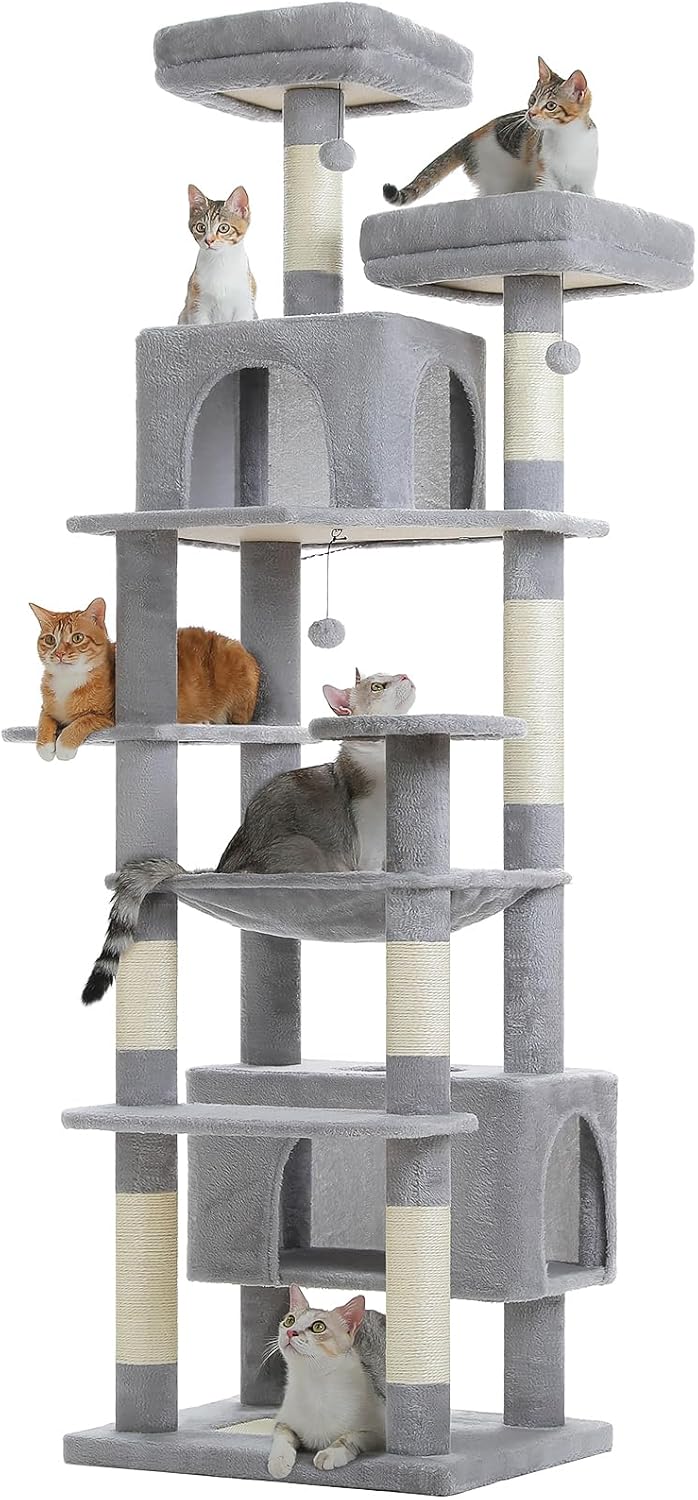 PAWZ Road Heavy Duty Cat Tree for Large Cats, 81 Inches Tall Cat Tower with 2 Perches, 2 Condos and Spacious Hammock, XL Extra Large Condo with 7 Scratching Posts for 20lb+ Adult Cats,Gray