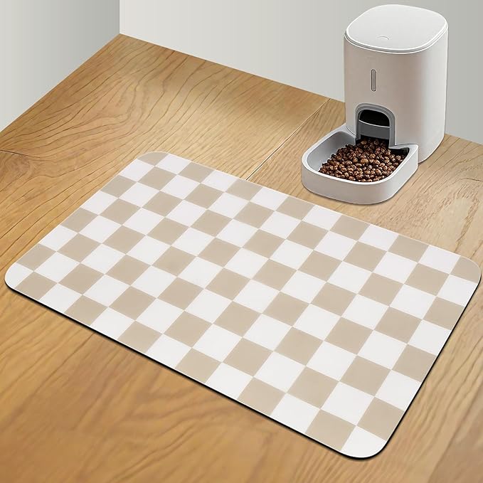 Checkered Pet Feeding Mat, Absorbent Dog Mat for Food and Water Bowls Dispenser 16" x 24" Khaki
