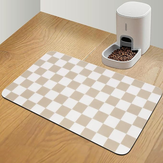 Checkered Pet Feeding Mat, Absorbent Dog Mat for Food and Water Bowls Dispenser 16" x 24" Khaki