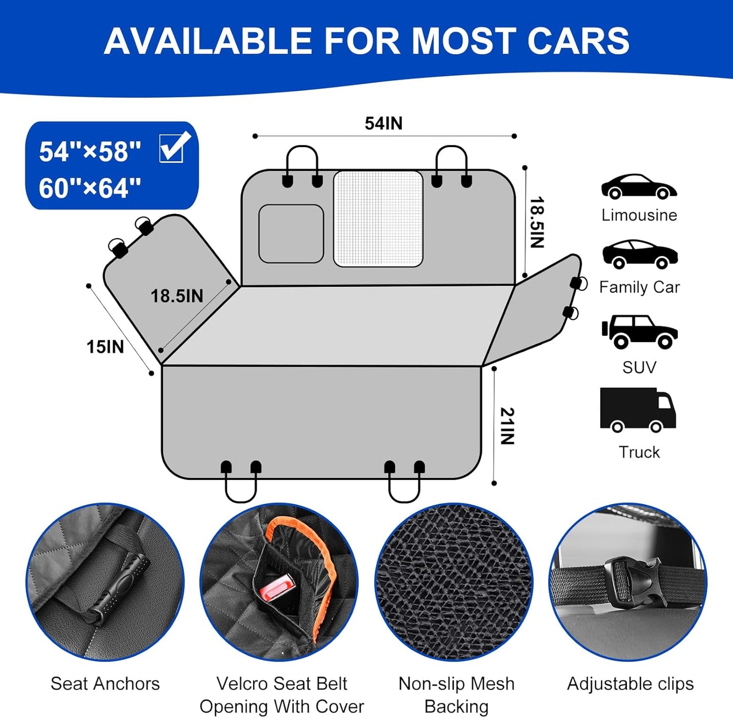 Dog Car Seat Cover for Back Seat 600D Scratchproof Nonslip Durable Waterproof Cars Pet Backseat Covers with Mesh Window Dogs Hammock for Car，SUV, Truck (54" W x 58" L)