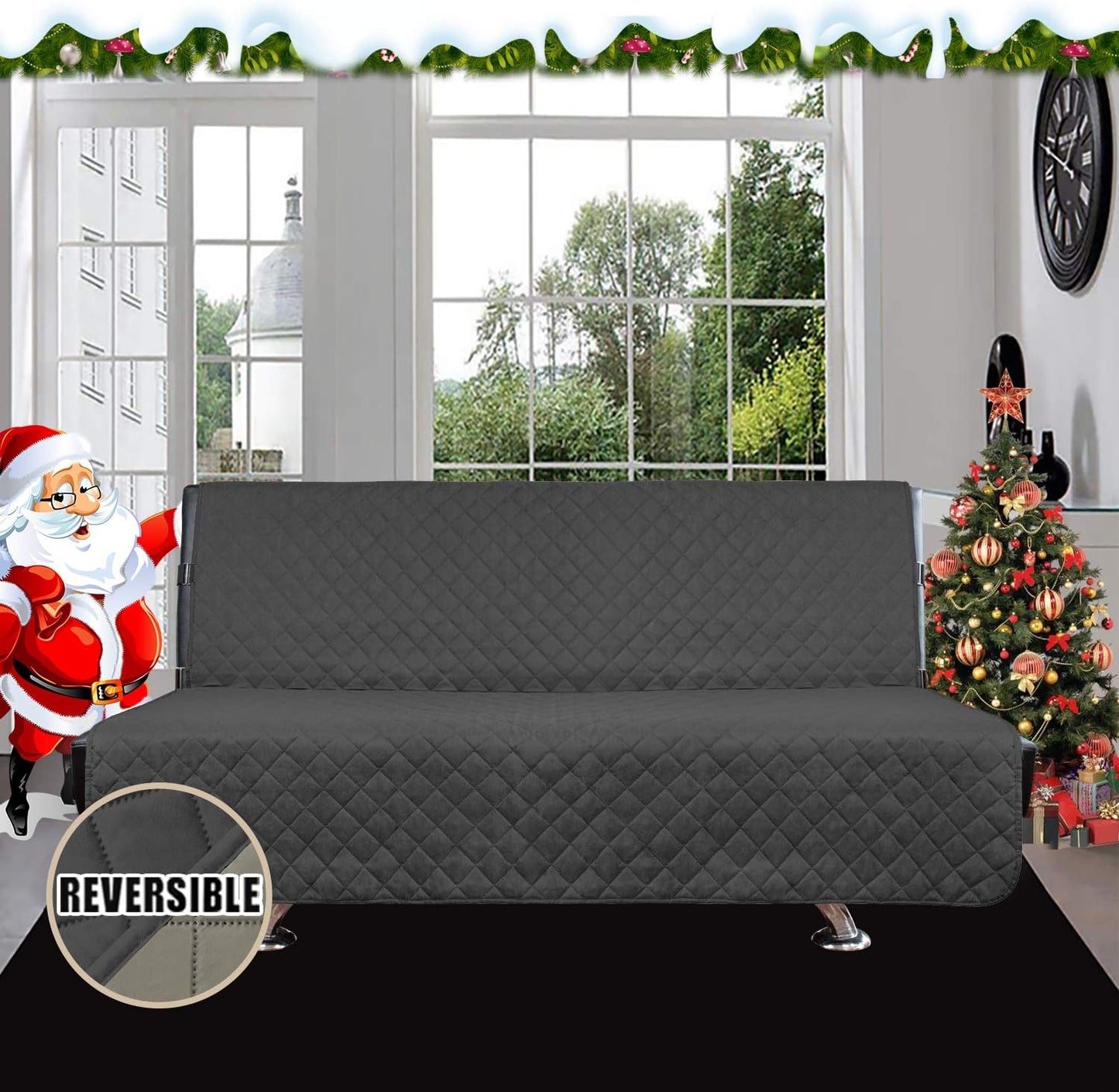 Easy-Going Futon Sofa Slipcover Reversible Sofa Cover Armless Futon Cover Furniture Protector Couch Cover Water Resistant Pets, Kids, Children, Dog, Cat (Futon, Darkgray/Beige)