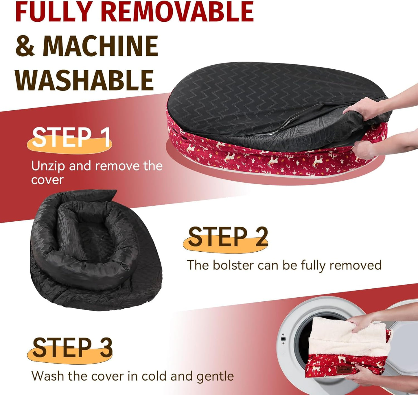 Orthopedic Washable Large Dog Bed: Memory Foam Waterproof Pet Bed with Bolsters - Removable Washable Cover for L XL XXL Large Sized Dog Bed - Non-Slip Bottom - Red