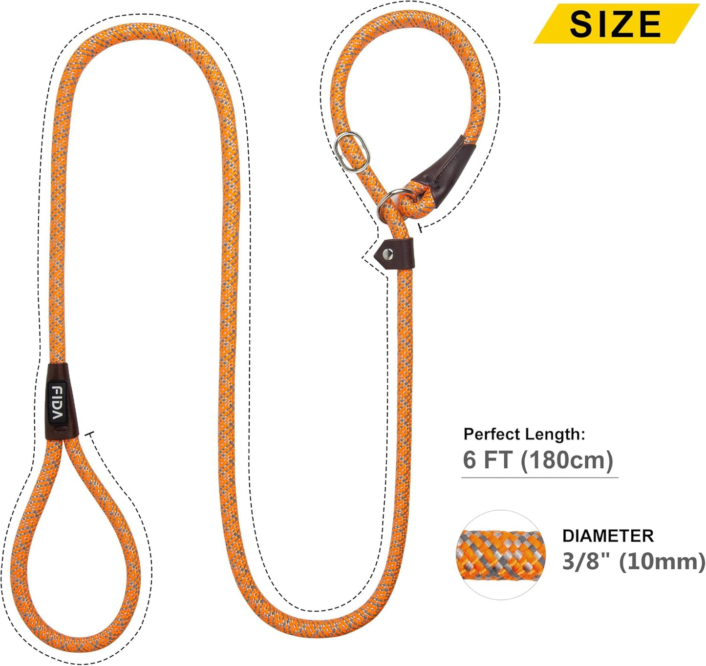 Fida Durable Slip Lead Dog Leash, 6 FT x 3/8" Heavy Duty Dog Loop Leash, Comfortable Strong Rope Slip Leash for Small Dogs and Puppies, No Pull Pet Training Leash with Highly Reflective (3/8", Orange)