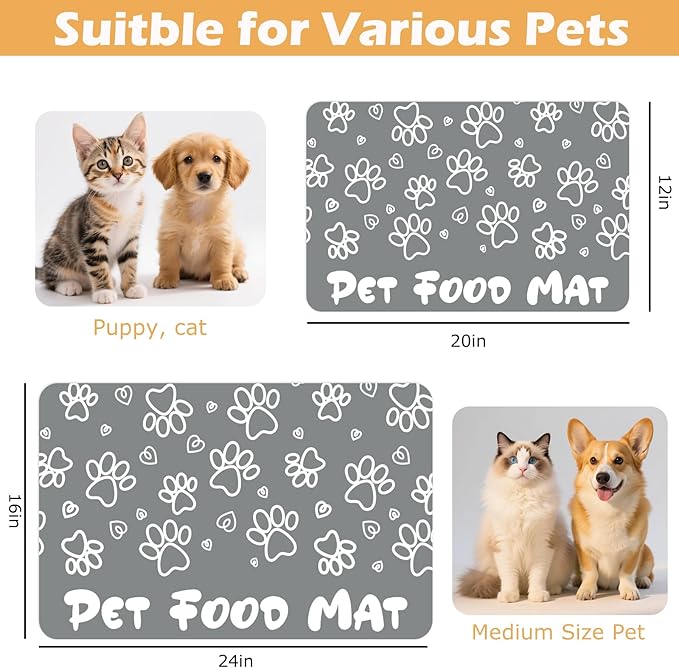 Pet Feeding Mat, Absorbent Cat Dog Mat for Food and Water Bowls Floors, No Stains Quick Dry Cat Dog Feeding Water Bowl Mats for Sloppy Drinkers, Pet Feeding & Watering Supplies (Grey, 12"x 20")