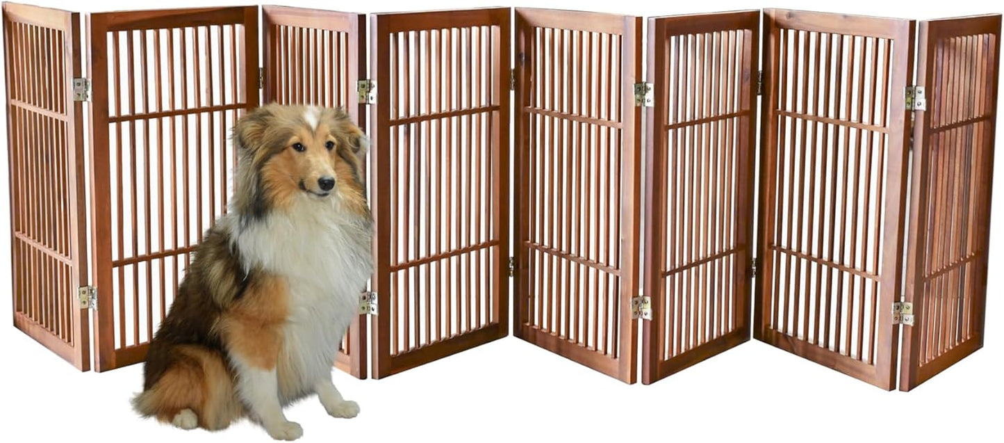 Pet Dog Gate Strong and Durable Freestanding Folding Acacia Hardwood Portable Wooden Fence Indoors or Outdoors by Urnporium (Brown Pet Gate, 8 Panel 30" Tall)