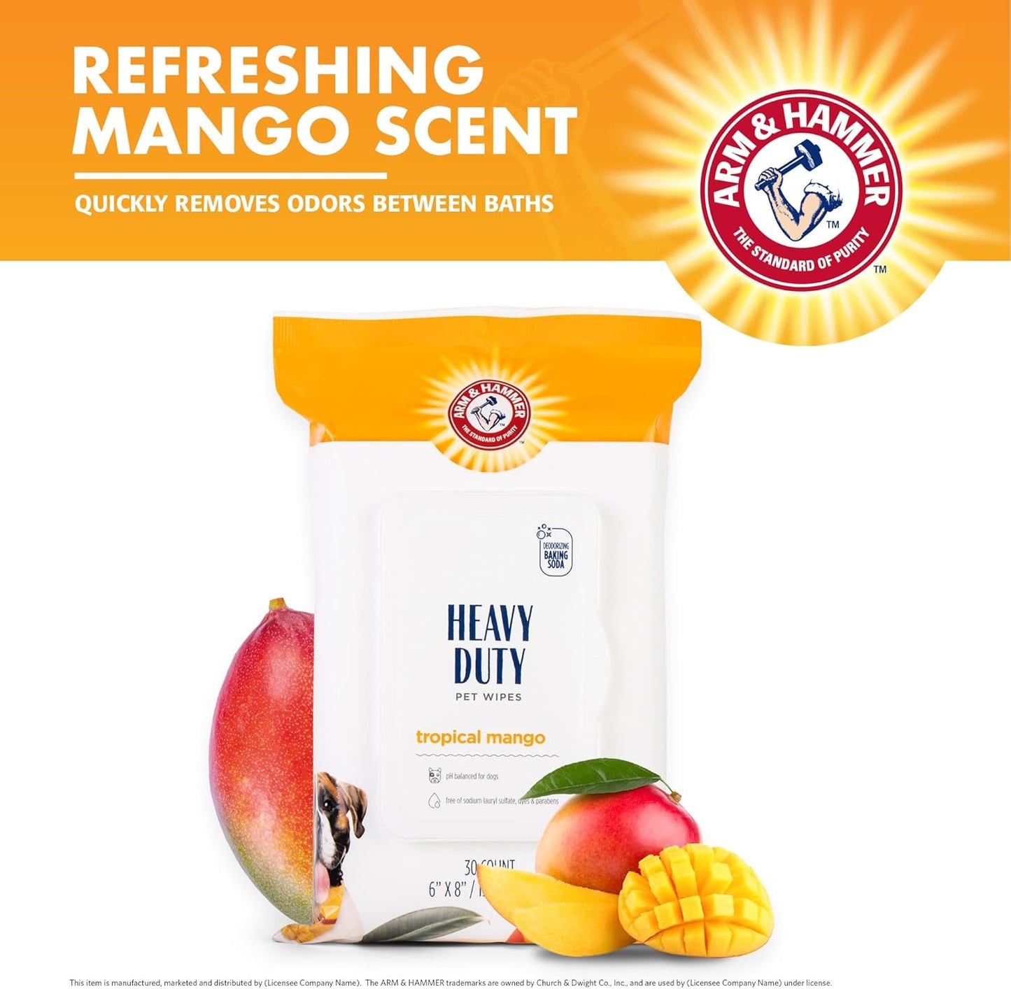 Arm & Hammer for Pets Heavy Duty Multipurpose Bath Wipes for Dogs, Travel Size, Mango Scent | All Purpose Dog Wipes Remove Odor & Refresh Skin for Pets | 30 Ct Pack of Travel Pet Wipes