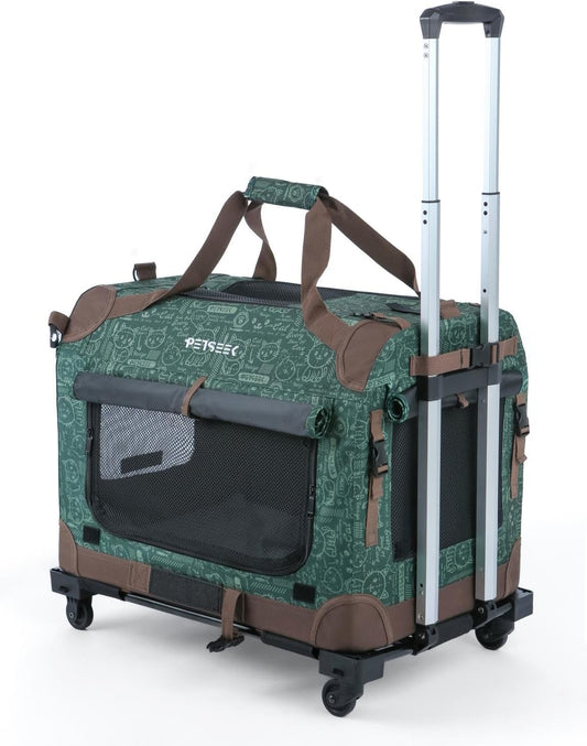 Extra Large Cat Carrier Soft Sided with Wheels Folding Small Medium Dog Pet Carrier 24"x16.5"x16" Travel Collapsible Ventilated Comfortable Design Portable Vehicle (Green)