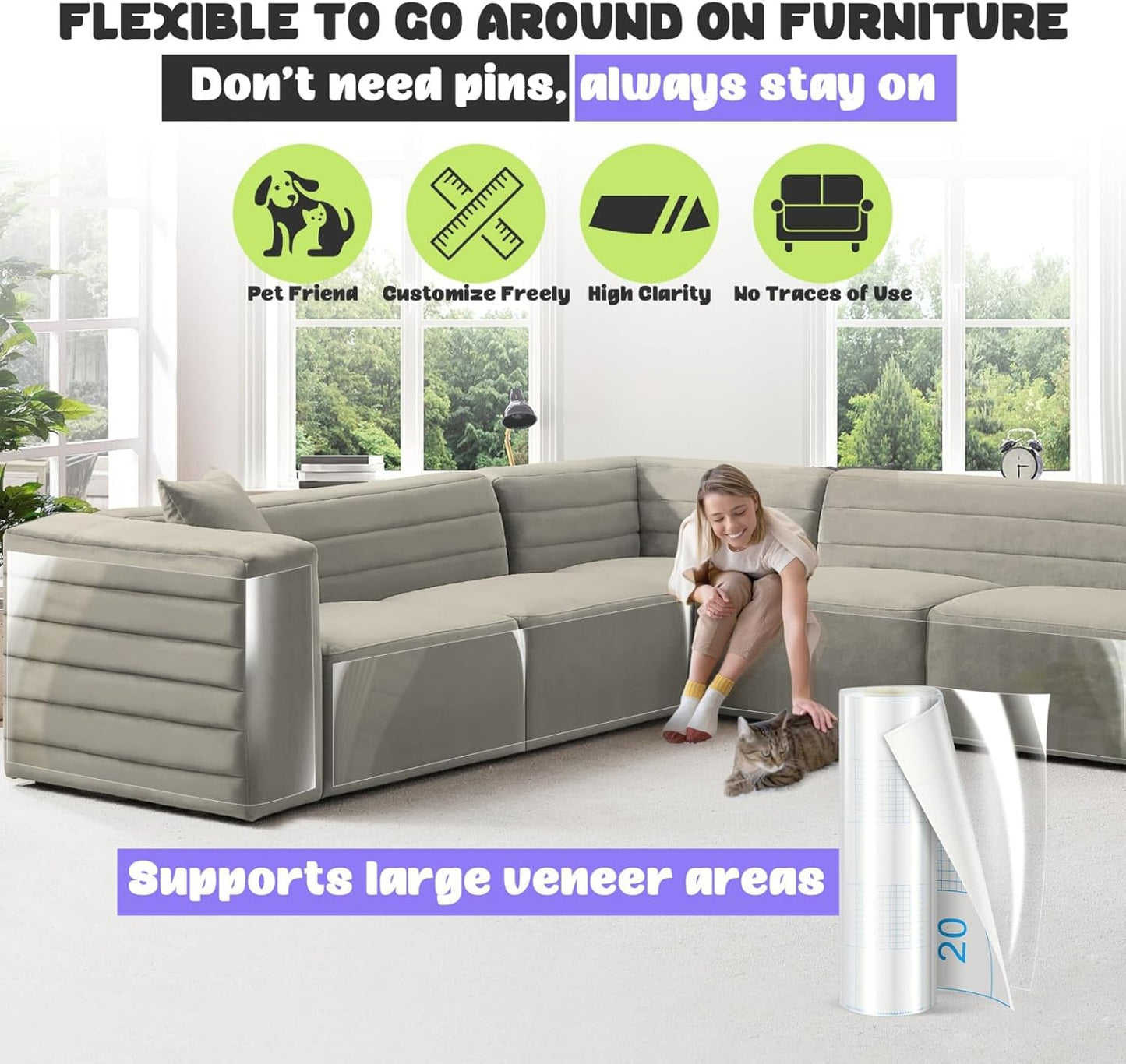 Cat Scratch Furniture Protector, 196.8" x 11.8" Couch Protector from Cat Claws, Thickened Transparent Self-Adhesive Furniture Protectors for Couch Protection from Cat Scratching