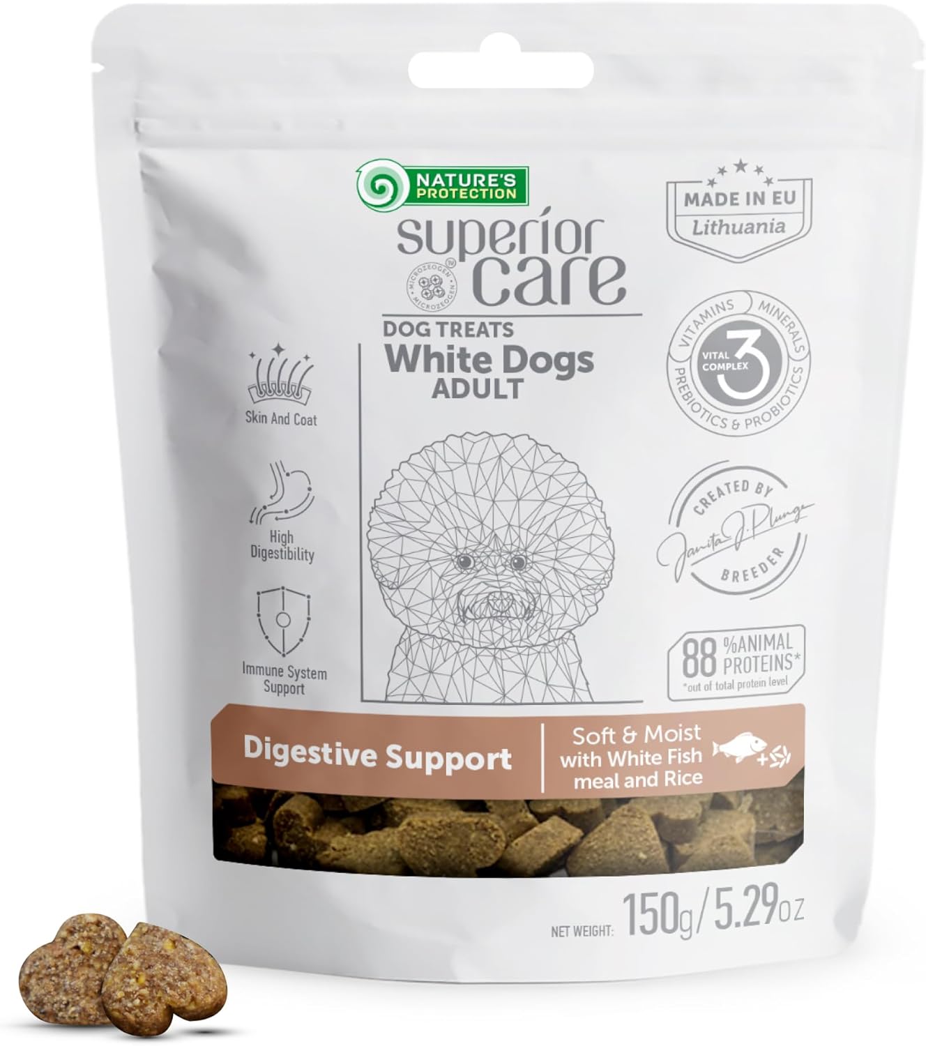Nature's Protection Low Calorie Dog Treats for Training - Perfect for Small, Medium & Large Breed Dogs with Light Fur (Superior Care - White Fish & Rice, 5.29 oz)