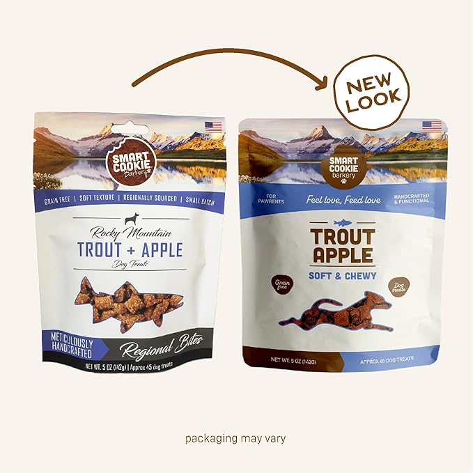 Smart Cookie All Natural Soft Dog Treats - Trout & Apple - Healthy Dog Treats for Allergies, Sensitive Stomachs - Chewy, Grain Free, Human-Grade, Made in The USA - 5oz Bag
