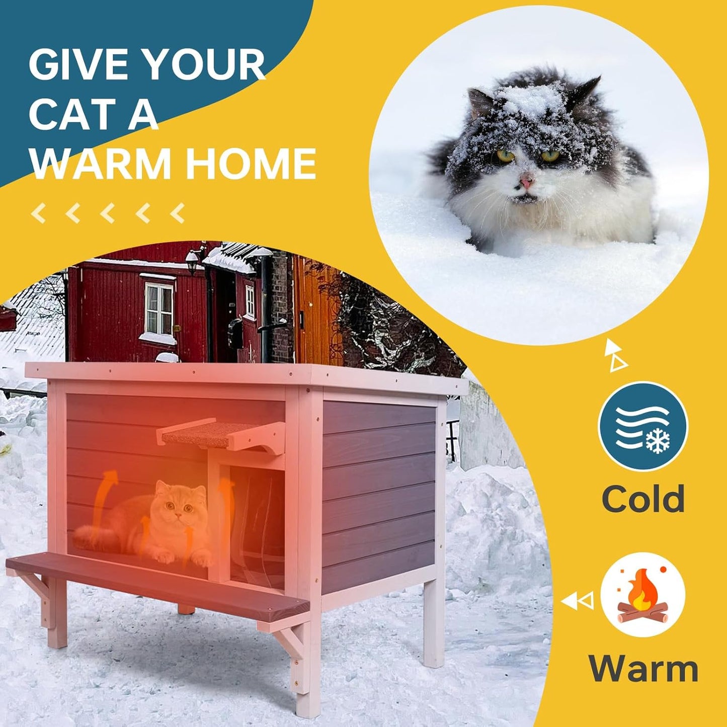 GEGURI Insulated Cat House Outdoor Weatherproof, Feral Cat Shelter for Winter, Large Wooden Enclosure