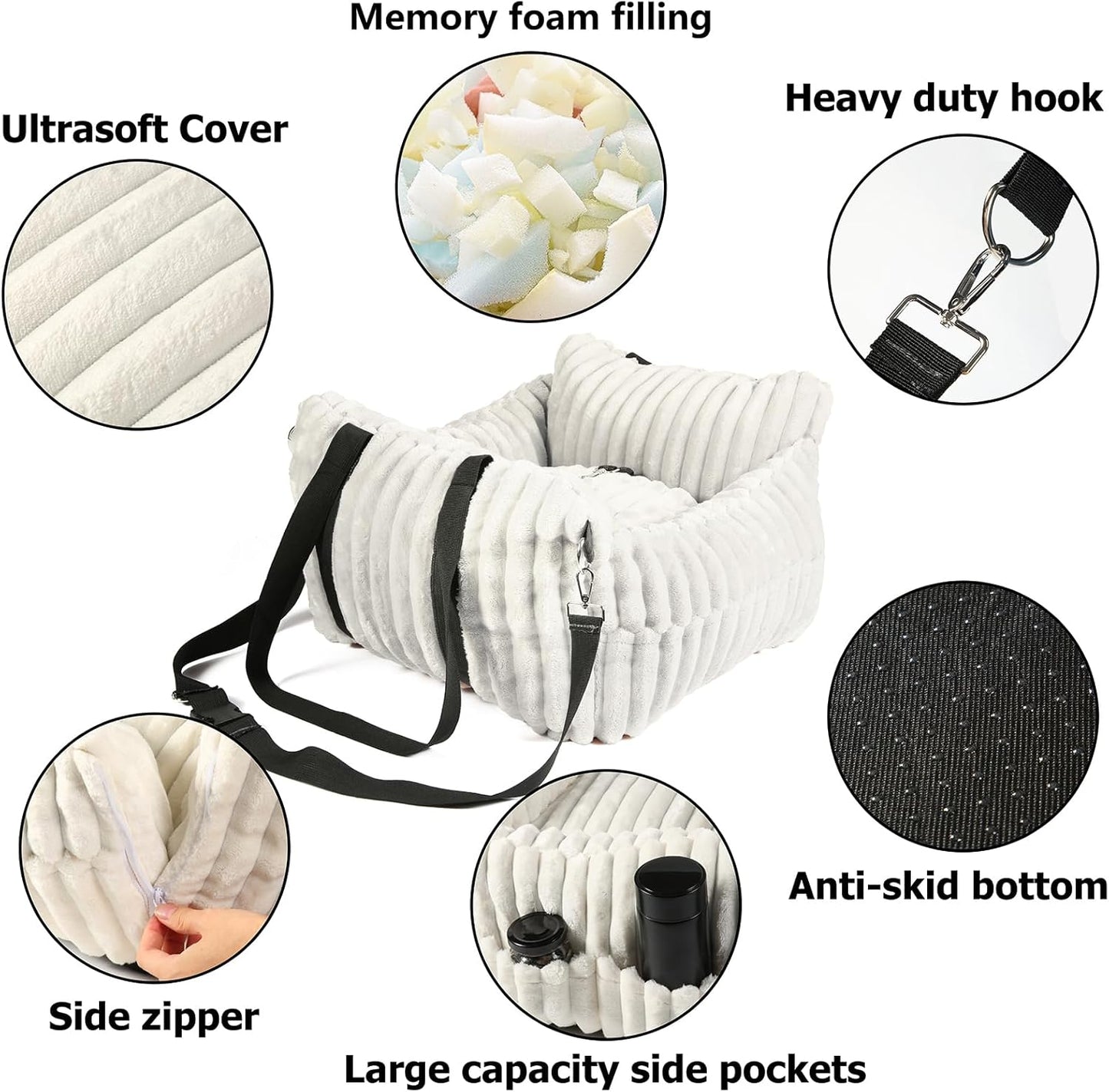 Dog Car Booster Seat, for Small Dogs Under 30 lbs, Detachable Washable Travel Bed with Storage Pockets and Safety Belt (Beige, Medium)