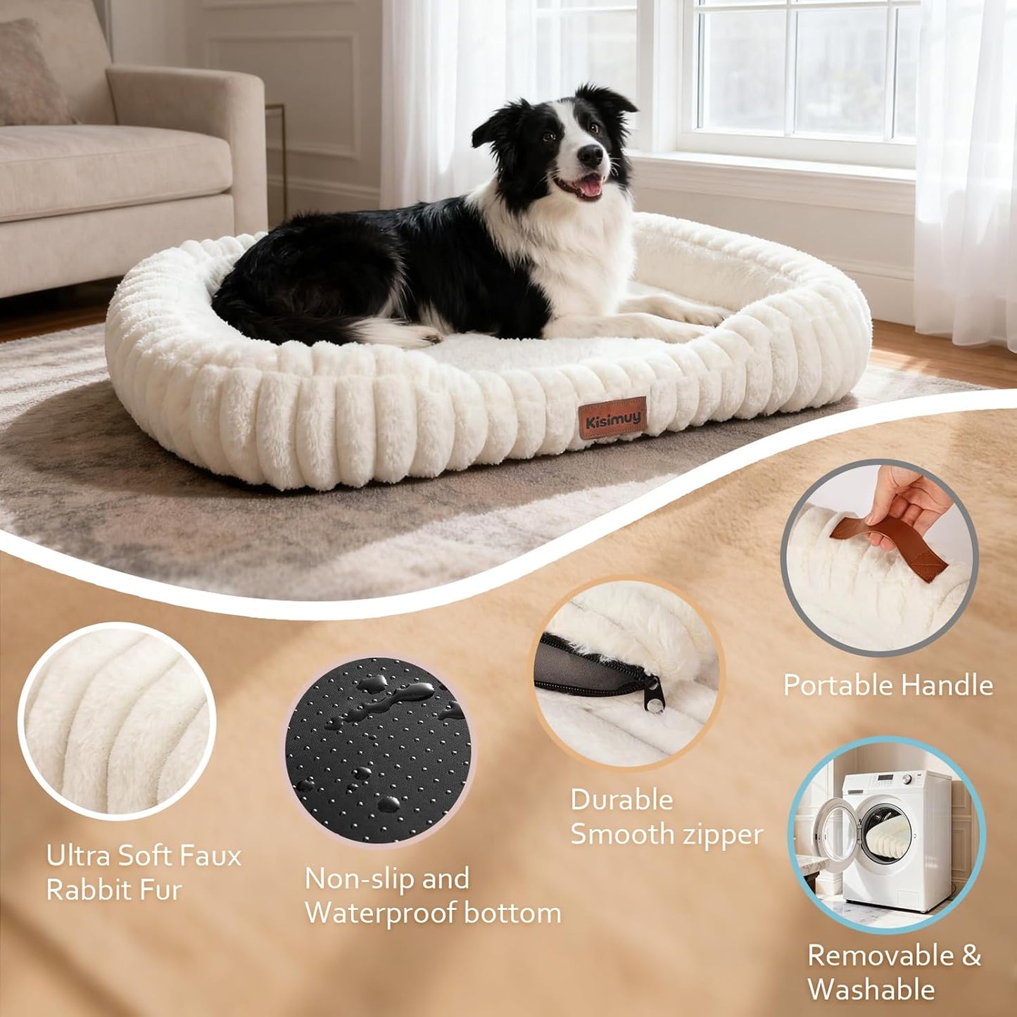 Dog Bed Large Size Dogs Washable Soft Furry Pet Bed, Calming Rectangle Large Dog Bed with Removable Cover & Anti-Slip Bottom, Orthopedic Anti-Anxiety Pet Bed with Handle, 35x27x5inches, Cream
