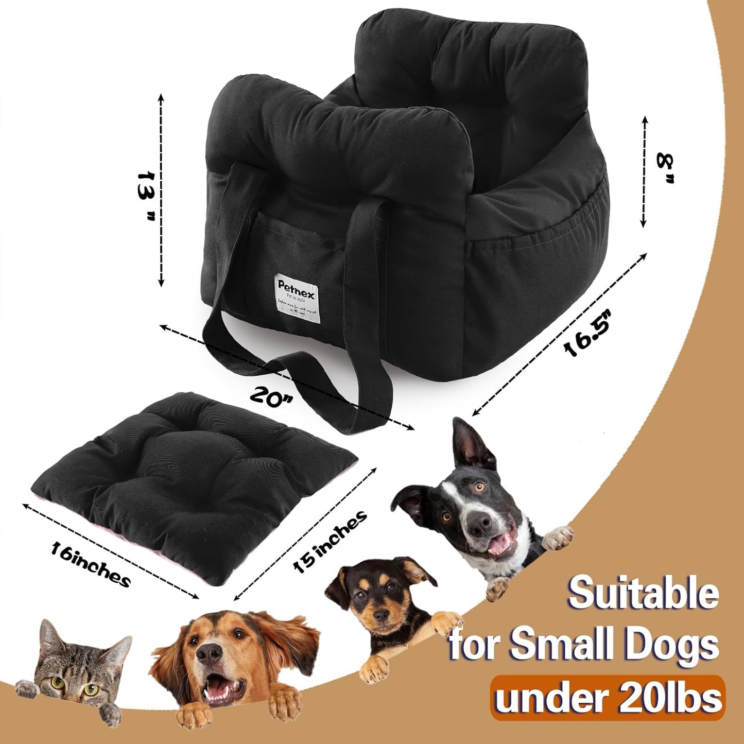 Dog Car Seat for Small Dogs, Portable Puppy Car Seat of Easy Installation, Fashionable Pet Carrier Bag with Large Pockets, Machine Washable Dog Booster Seat (Black)