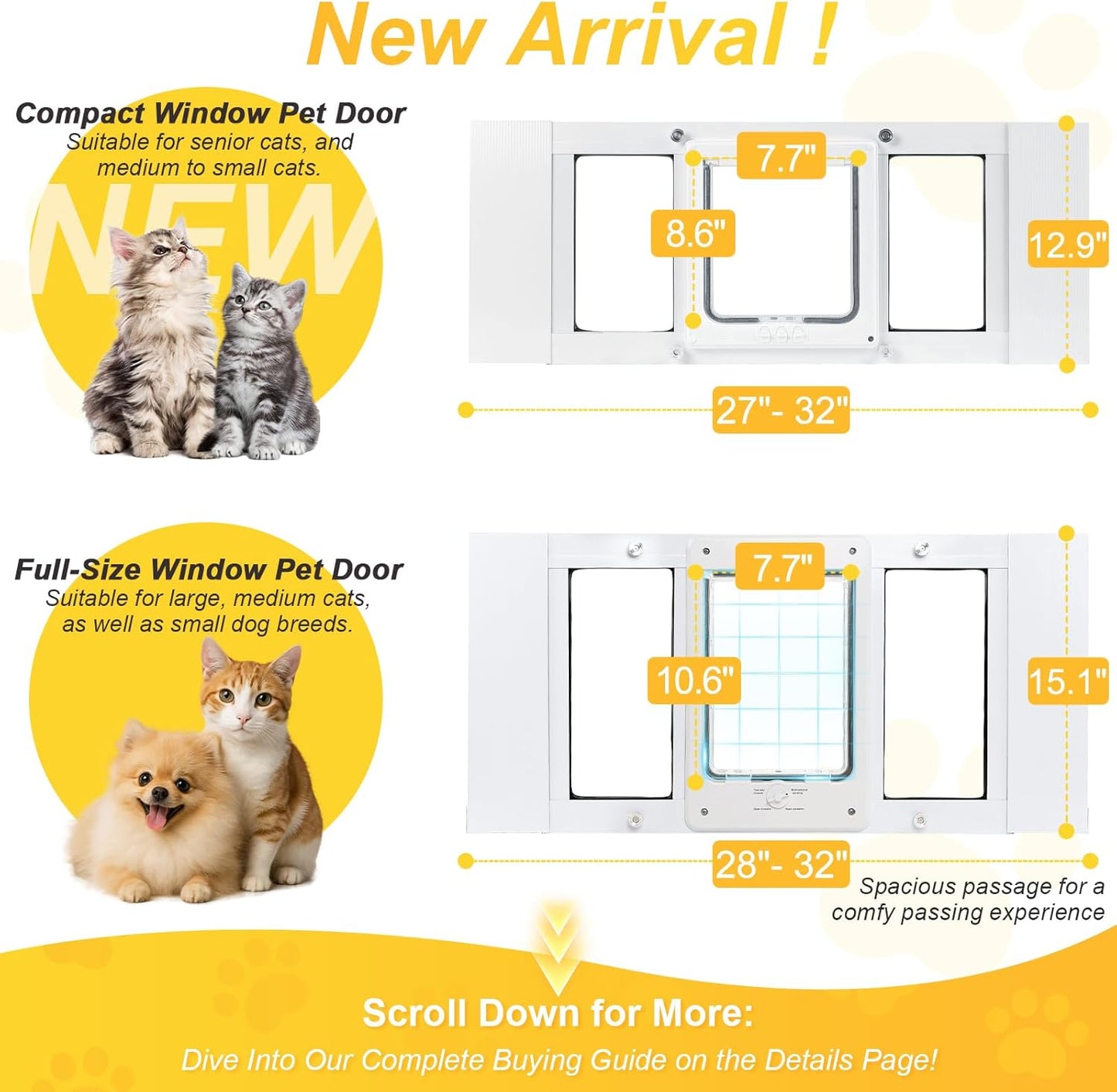 Compact Cat Door for Window,Fits 27"-32" Width Windows,Quick Install with No Damage,Aluminum Frame Pet Door for Window,Cat Window Door Insert with Tight Seal,4 Lock Modes to Control Pet Access