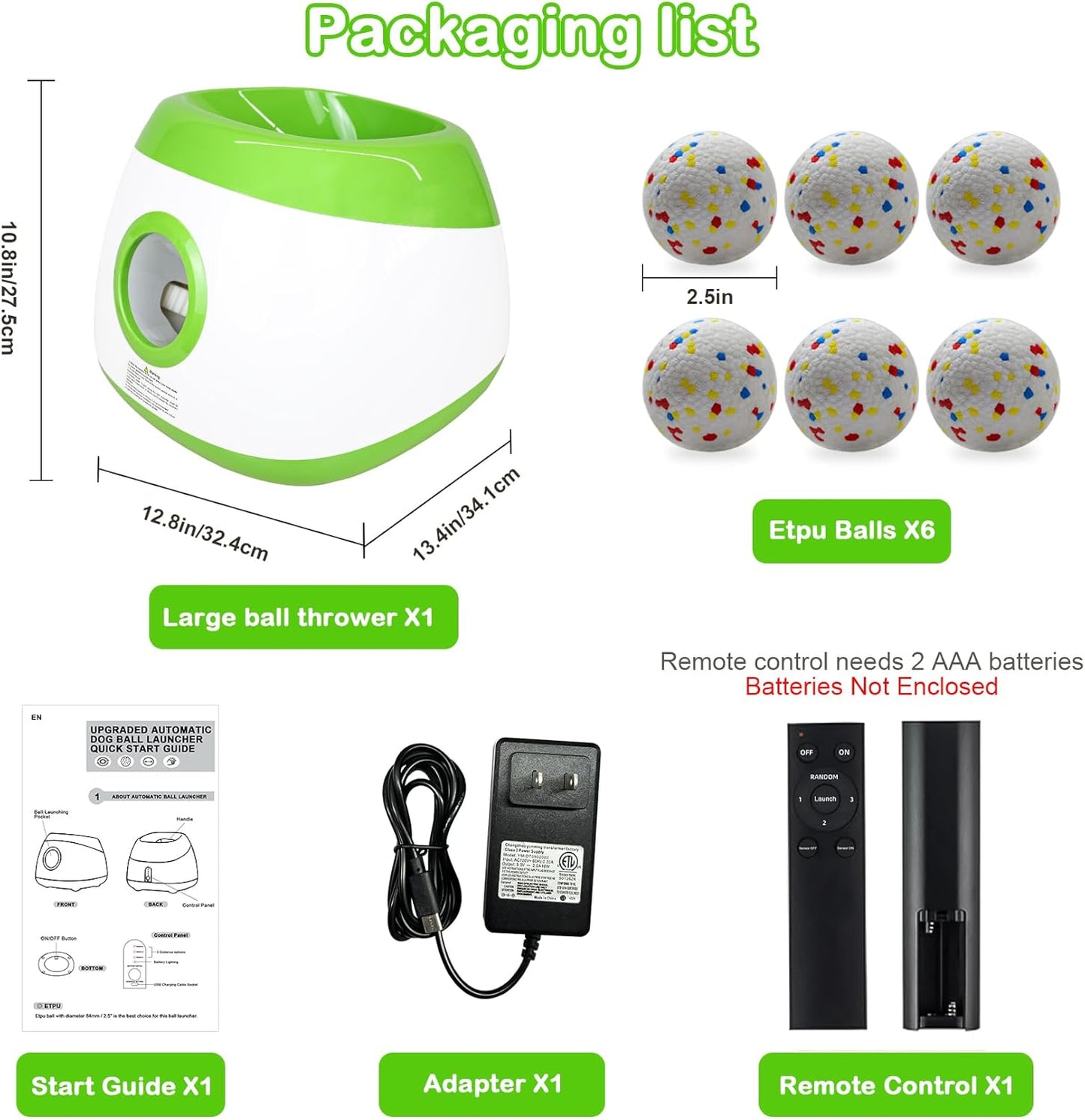 Automatic Dog Ball Launcher, Upgraded Interactive Dog Balls Thrower with 3 Distance 29Ft-79Ft, Remote Control Ball Launcher for Medium & Large Dogs, 5 Etpu Balls Included (Lime Green)