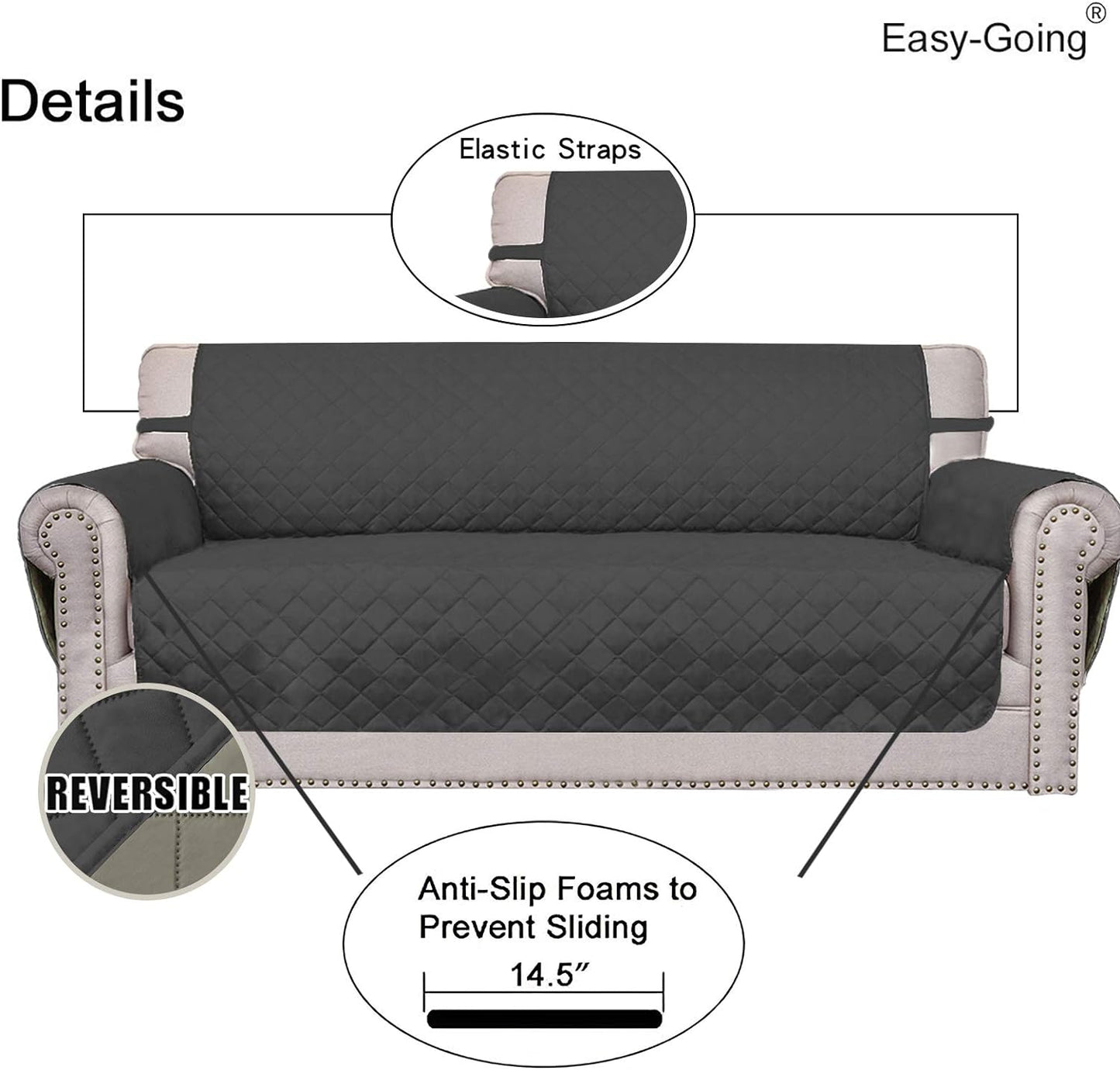 Easy-Going Reversible Couch Cover for 3 Cushion Couch Sofa Cover for Dogs Water Resistant Furniture Protector Cover with Foam Sticks Elastic Straps for Pet Cat (Sofa, Darkgray/Beige)