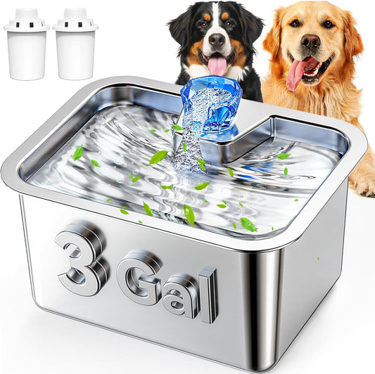 Stainless Steel Dog Water Fountain, 3 Gallon Extra Large Pet Drinking Fountain for Large Dogs & Multi-pet, Automatic Dog Water Bowl Dispenser with 2 Filters, Wide Drinking Area, Easy to Clean