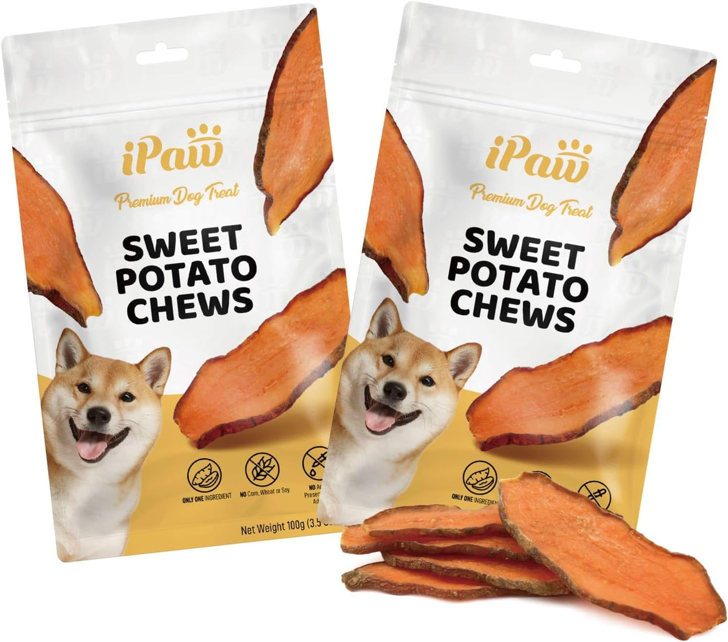 iPaw Sweet Potato Chews, Single Ingredient Dog Treats for Vegetarian, All Natural Human Grade Puppy Chew, Rawhide Alternative, Hypoallergenic, Easy to Digest, 2 Packs