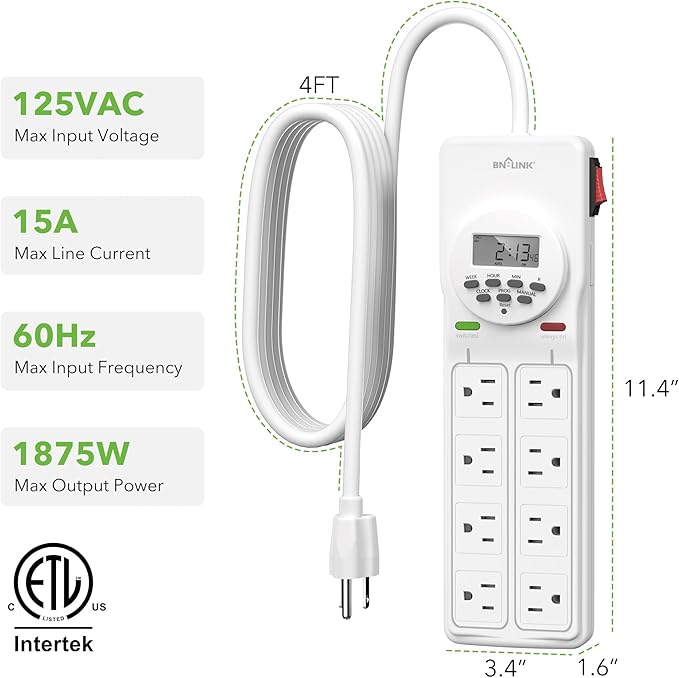 BN-LINK 8 Outlet Surge Protector with 7-Day Digital Timer (4 Outlets Timed, 4 Outlets Always On) - White