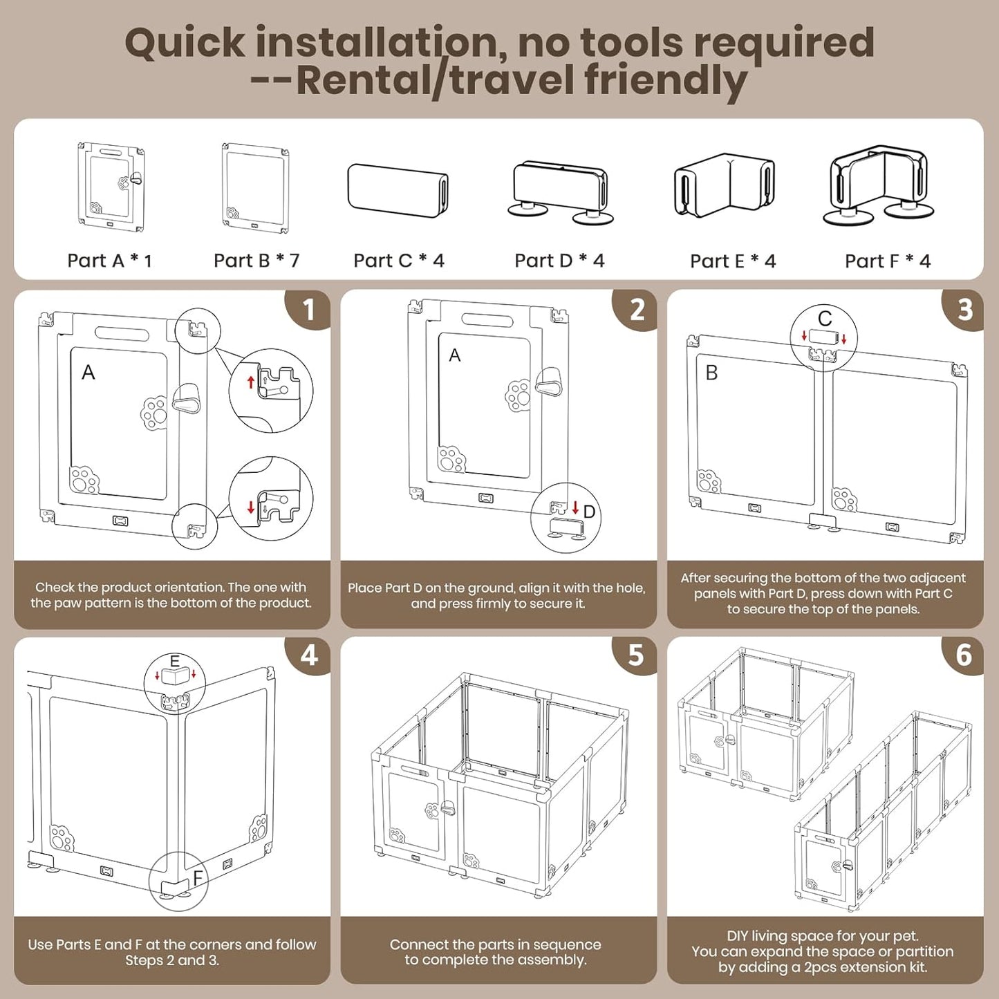 Expandable 8PCS Dog Playpen for Indoors, Modular Puppy Play Pen with Lockable Door, Chew-Proof Transparent Panels & Waterproof Base. Perfect for Small Animals, Puppy Training or Multi-Pet Homes