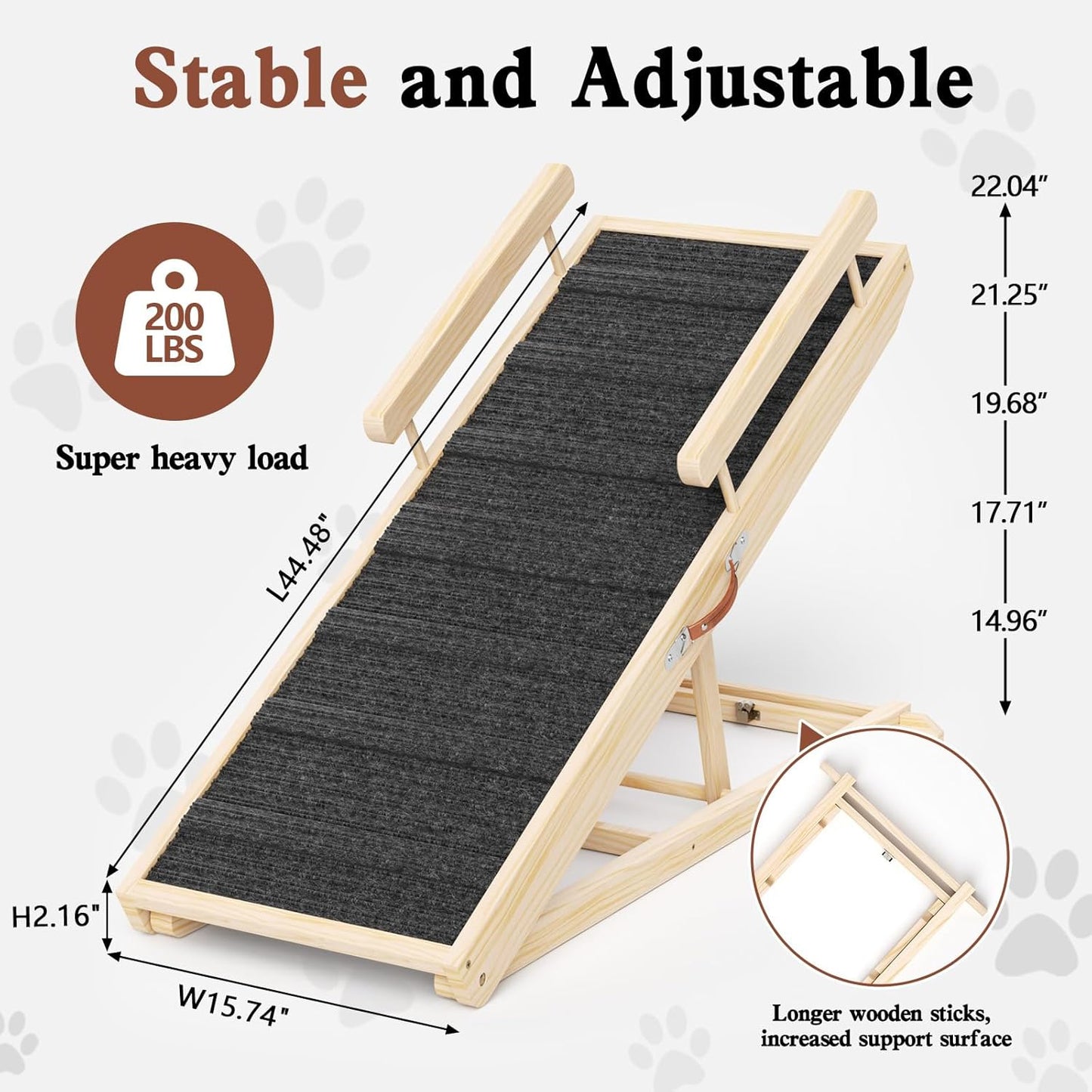 Dog Ramp for Bed, Couch, Car, Folding Pet Ramps 44.48" Long Adjustable 15"-22" Wooden Stairs with High Traction Mat & Safety Side Rails for Small & Medium Old Dogs & Cats, up to 200 lbs