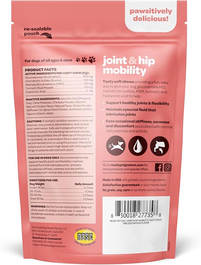 Hip and Joint Chews for Dogs | Dog Glucosamine Chews for Comfort & Mobility with Chondroitin MSM & Turmeric | Dog Joint Supplement for All Ages & Sizes | NASC Certified & Made in The USA | 60 Chews