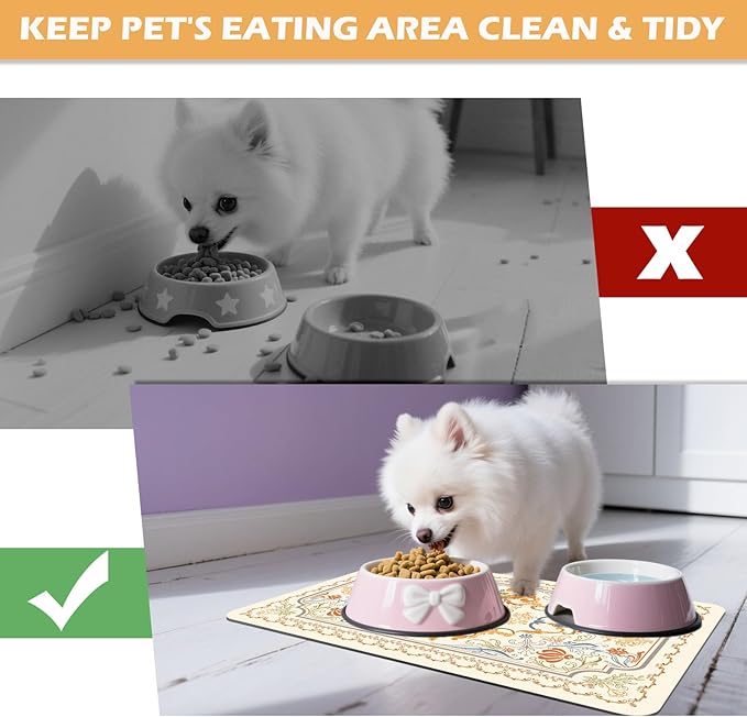 Pet Feeding Mat, Absorbent Cat Dog Mat for Food and Water Bowls Floors, No Stains Quick Dry Cat Dog Feeding Water Bowl Mats for Sloppy Drinkers, Pet Feeding & Watering Supplies (Boho, 12"x 20")
