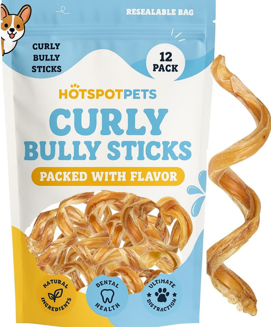 hotspot pets Curly Spring Bully Sticks for Dogs - (12 Pack) Premium All Natural Long Twisted Beef Pizzle Dog Chew Treats - Grain Free Fully Digestible Rawhide Alternative - 6 Inch Stix