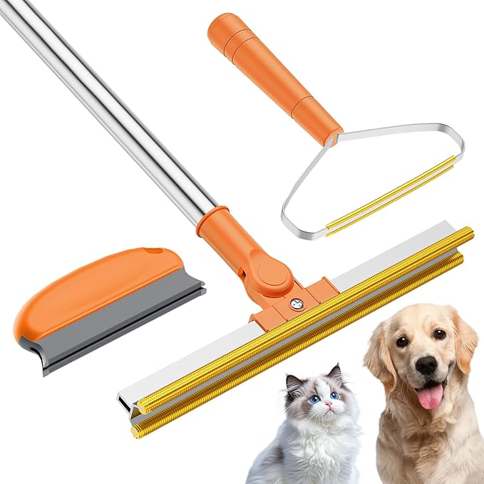 3 in 1 Carpet Rake for Pet Hair Removal, Tool Set of 3, 55” Long Handle Carpet Pet Hair Removal Carpet Scraper Dog Cat Hair Remover for Sofa, Couch, Car, Rug (Orange)