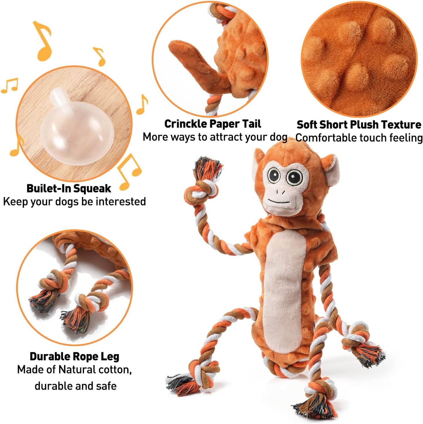 Dog Tug Toys, Stuffed Animal Dog Chew Toy, Cute Puppy Squeaky Dogs Plush Toys with Crinkle Paper for Small, Middle, Large Breed