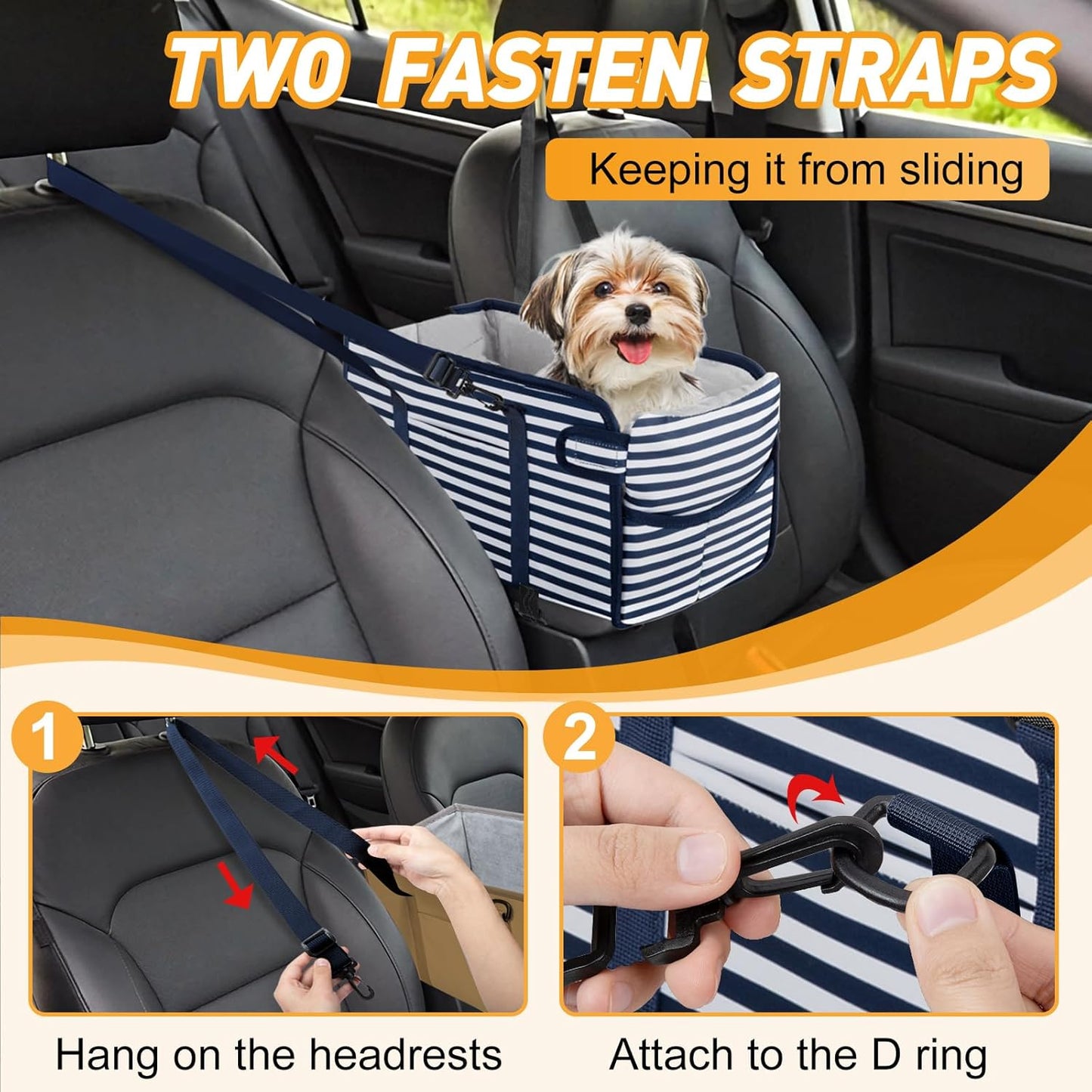 Portable Dog Car Seat for Small Dogs - Adjustable Safety Leash, Washable Cushion & Storage Pocket - Pet Booster Seat for Car Travel- Blue Stripes