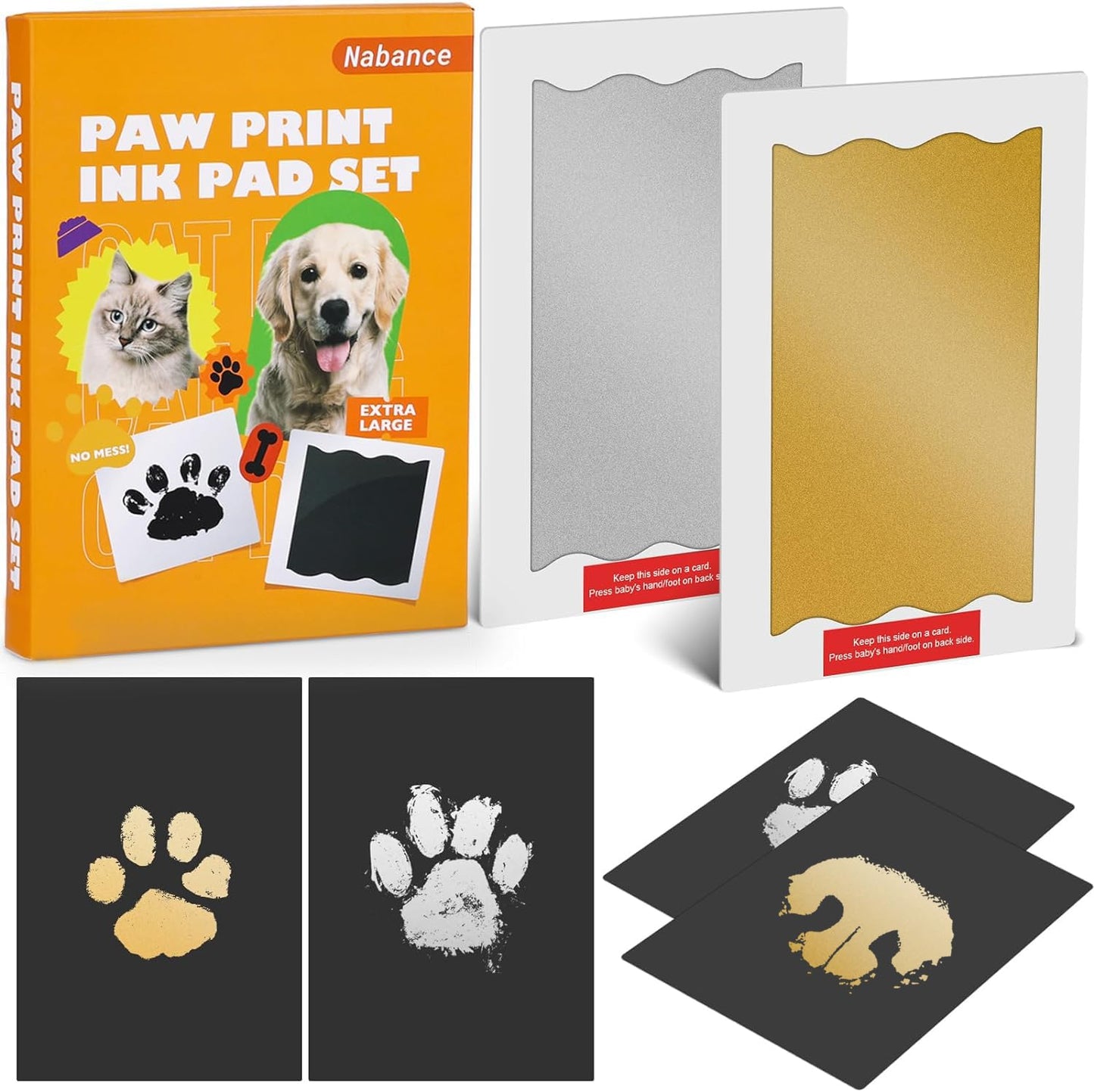 Nabance Baby Footprint Kit, Paw Print Kit, Dog Nose Print Kit, 2 Large Size Gold and Silver Ink Pads with 4 Black Imprint Card, No Mess Paw Print Stamp Pad for Dog & Cats, Nose Print Stamp Pad for Dog