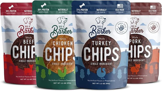 Beg & Barker Jerky Chips for Dogs Variety (3.5oz, Pack of 4) - Single Ingredient Dog Treats Made for Small and Large Dogs Protein Human Grade Dog Treats Made from Real Meat, Made in USA