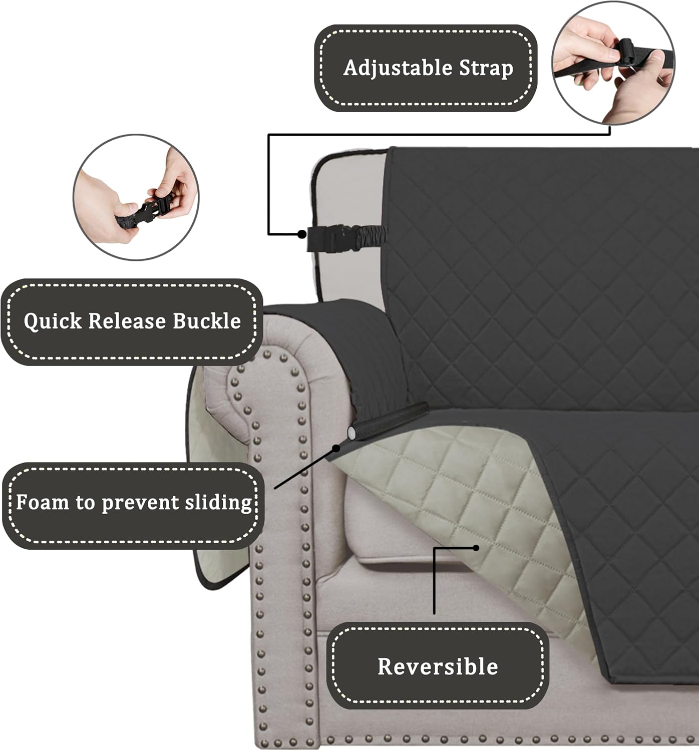 Easy-Going Reversible Chair Cover Washable Sofa Cover for Dogs Water Resistant Couch Slipcover Furniture Protector Cover with Adjustable Straps for Pets (Chair 30 in, Dark Gray/Beige)