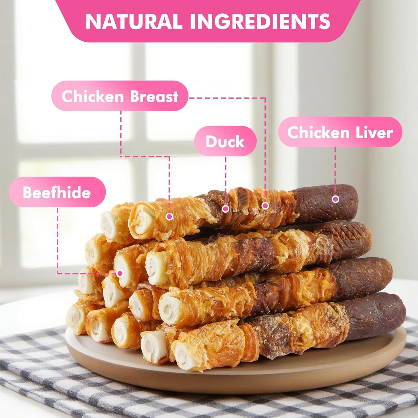 Dog Treats, Triple Flavor 6 Inch Rawhide Rolls, Chicken Duck and Chicken Liver Wrapped Rawhide Dog Chews, Suitable for Medium Dogs, 17.6 oz